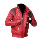Men’s Red Leather Biker Jacket – Vintage Motorcycle Style Graphic Back Print – Retro Streetwear Outerwear