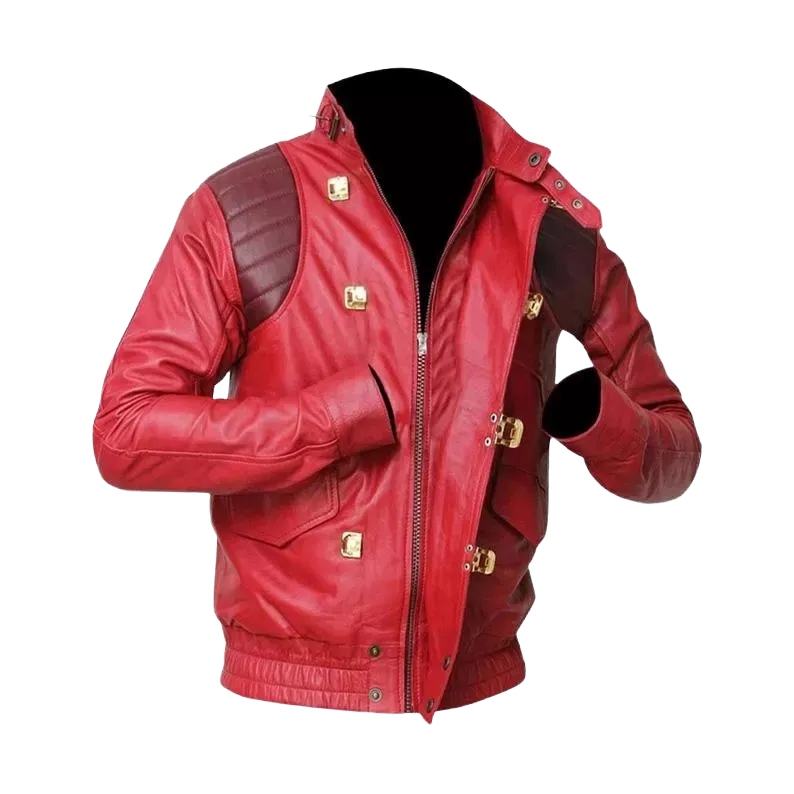 Men’s Red Leather Biker Jacket – Vintage Motorcycle Style Graphic Back Print – Retro Streetwear Outerwear