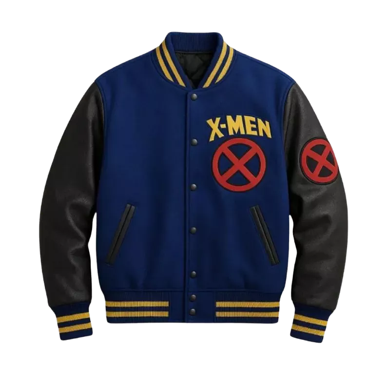 X-Men Superhero Inspired Men’s Varsity Jacket – Blue & Black Letterman Style Bomber Coat