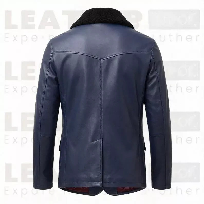 Men’s Navy Blue Leather Coat with Shearling Collar – Winter Button Front Jacket