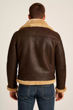 Men’s Real Leather Aviator Jacket - B3 Bomber Shearling Coat - Brown & Black Winter Pilot