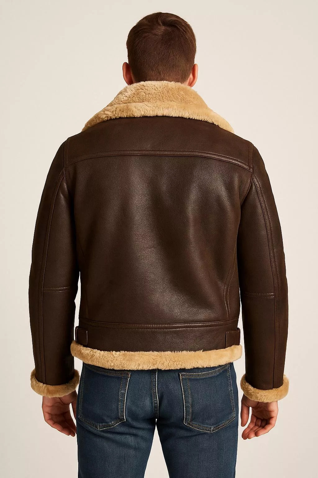 Men’s Real Leather Aviator Jacket - B3 Bomber Shearling Coat - Brown & Black Winter Pilot