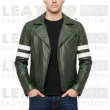 Men's Green Leather Biker Jacket – Slim Fit Moto Coat with Stripe Sleeves
