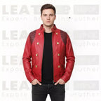 Men’s Red Leather Biker Jacket – Vintage Motorcycle Style Graphic Back Print – Retro Streetwear Outerwear