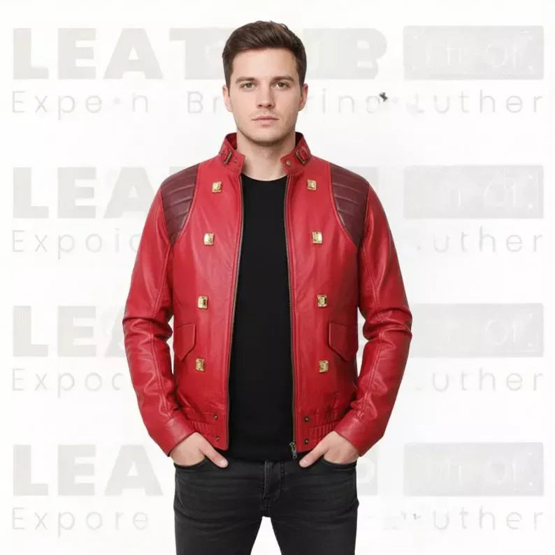 Men’s Red Leather Biker Jacket – Vintage Motorcycle Style Graphic Back Print – Retro Streetwear Outerwear