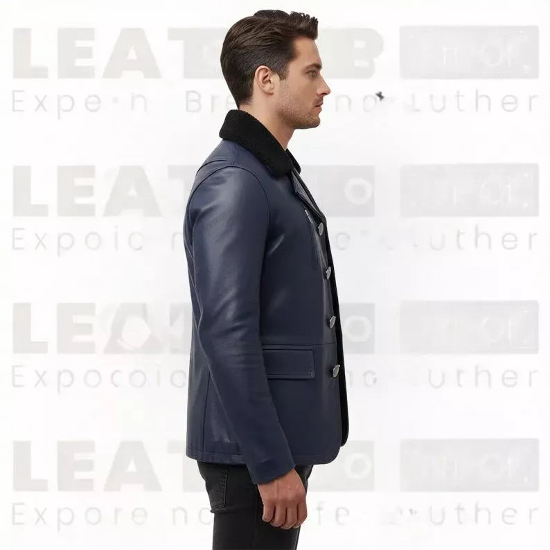 Men’s Navy Blue Leather Coat with Shearling Collar – Winter Button Front Jacket