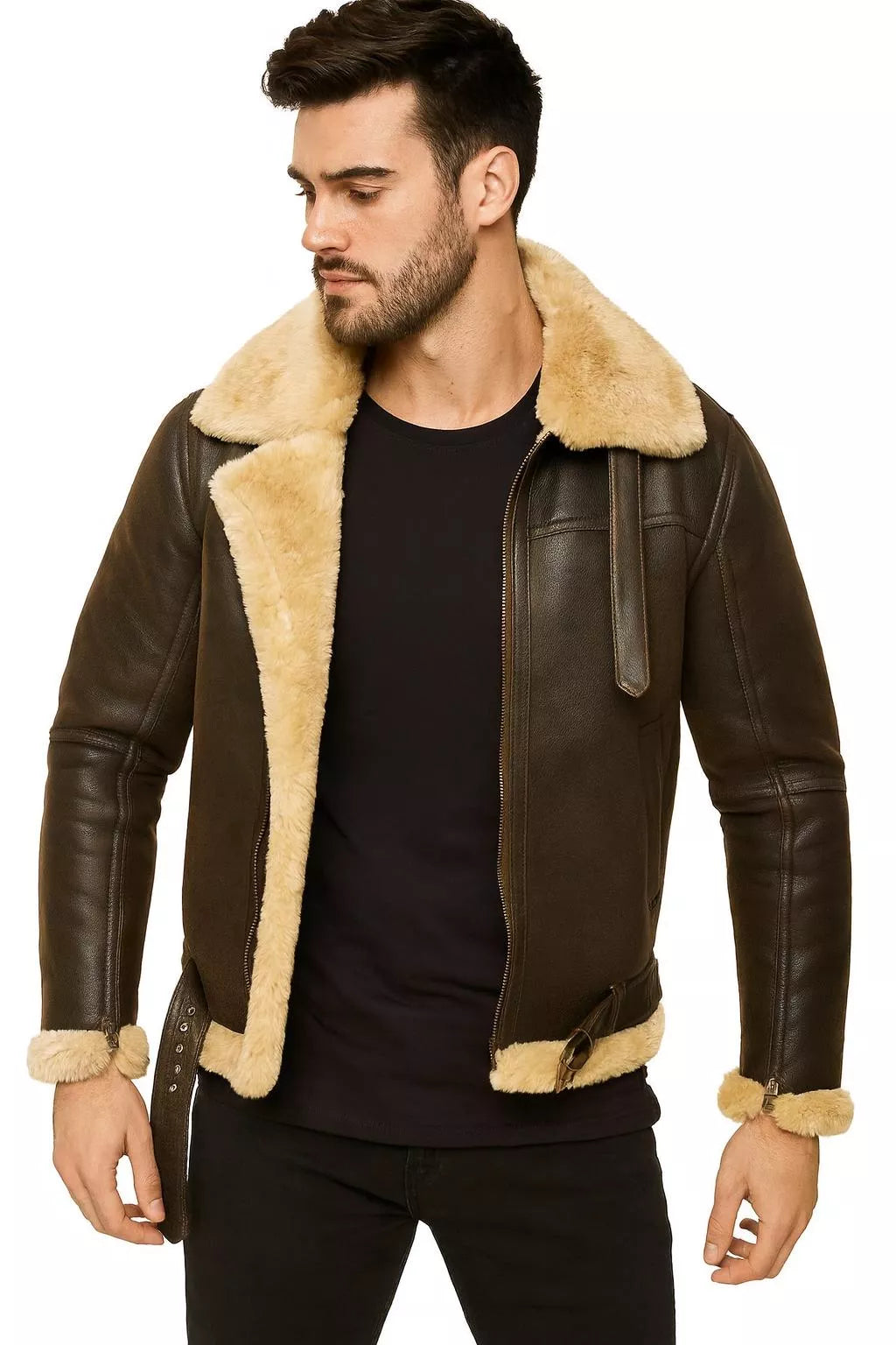Men’s Real Leather Aviator Jacket - B3 Bomber Shearling Coat - Brown & Black Winter Pilot