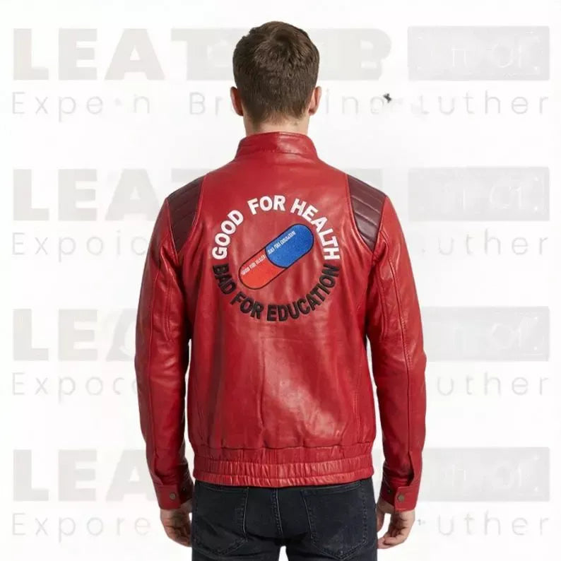 Men’s Red Leather Biker Jacket – Vintage Motorcycle Style Graphic Back Print – Retro Streetwear Outerwear