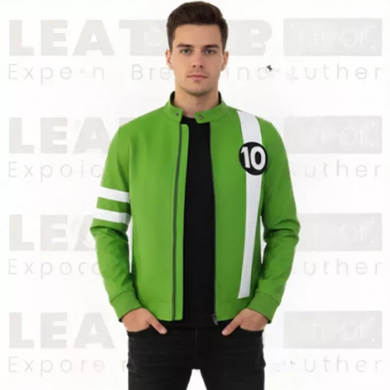 Green Racing Jacket Men White Stripes Number 10 Zip Up