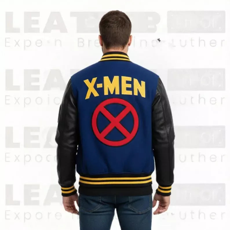 X-Men Superhero Inspired Men’s Varsity Jacket – Blue & Black Letterman Style Bomber Coat