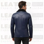 Men’s Navy Blue Leather Coat with Shearling Collar – Winter Button Front Jacket