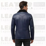 Men’s Navy Blue Leather Coat with Shearling Collar – Winter Button Front Jacket