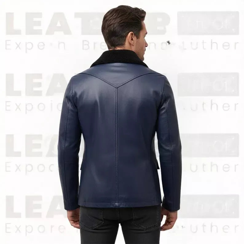 Men’s Navy Blue Leather Coat with Shearling Collar – Winter Button Front Jacket