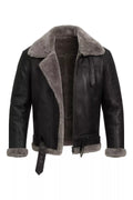 Men’s Real Leather Aviator Jacket - B3 Bomber Shearling Coat - Brown & Black Winter Pilot