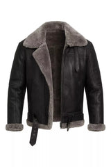 Men’s Real Leather Aviator Jacket - B3 Bomber Shearling Coat - Brown & Black Winter Pilot