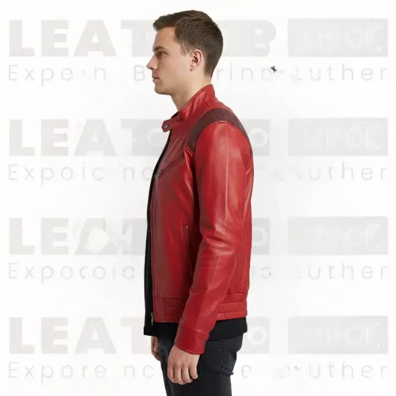 Men’s Red Leather Biker Jacket – Vintage Motorcycle Style Graphic Back Print – Retro Streetwear Outerwear