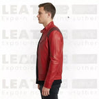 Men’s Red Leather Biker Jacket – Vintage Motorcycle Style Graphic Back Print – Retro Streetwear Outerwear