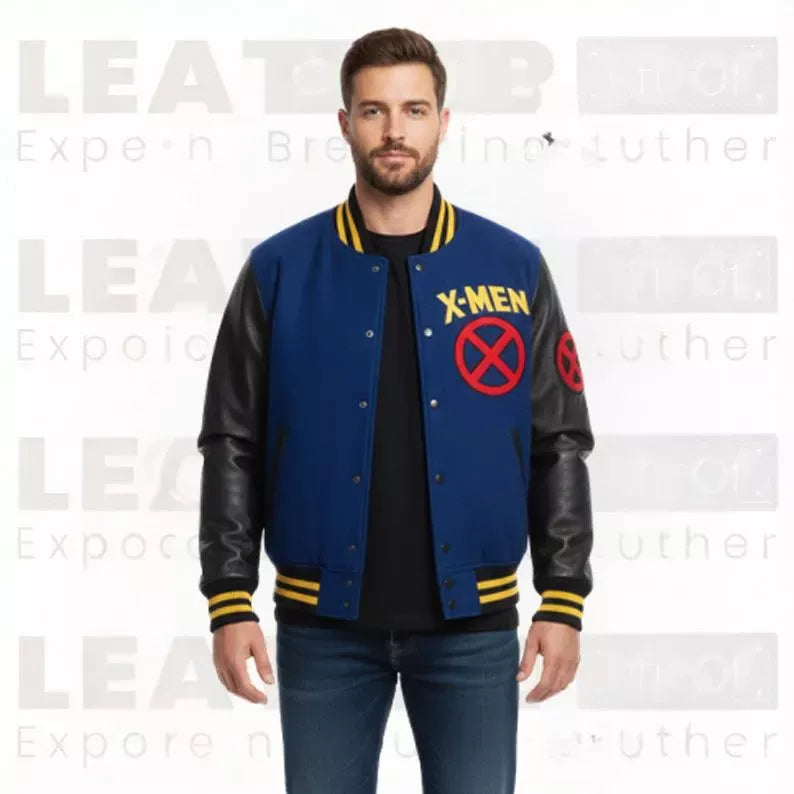 X-Men Superhero Inspired Men’s Varsity Jacket – Blue & Black Letterman Style Bomber Coat