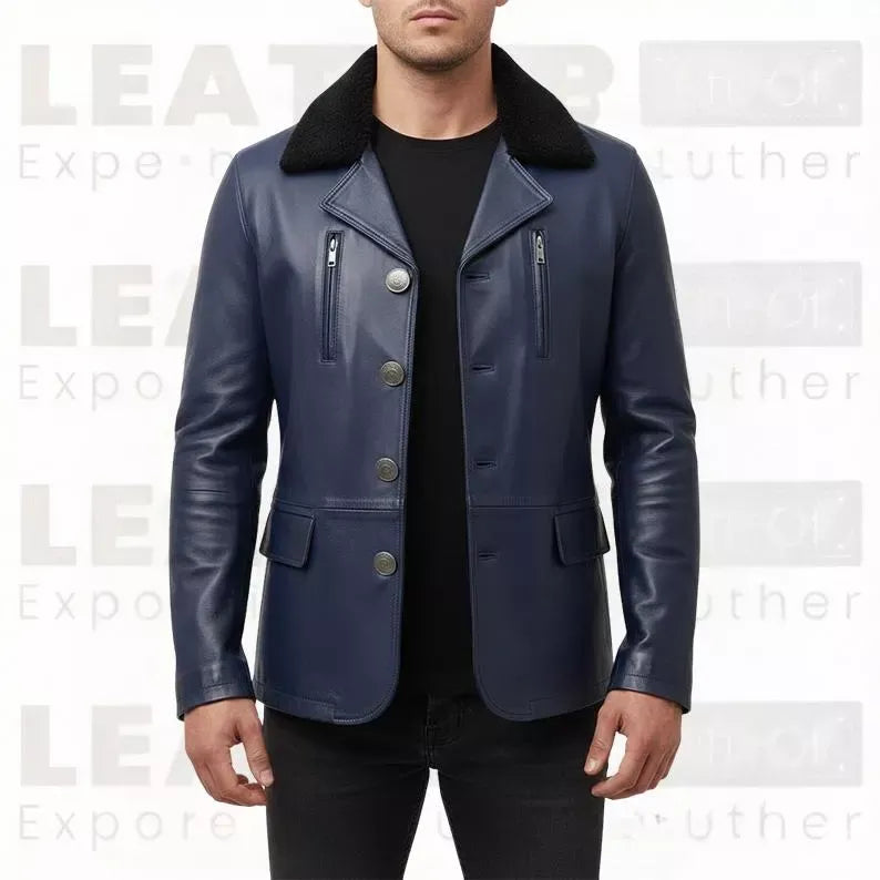 Men’s Navy Blue Leather Coat with Shearling Collar – Winter Button Front Jacket