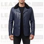 Men’s Navy Blue Leather Coat with Shearling Collar – Winter Button Front Jacket
