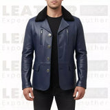 Men’s Navy Blue Leather Coat with Shearling Collar – Winter Button Front Jacket