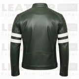 Men's Green Leather Biker Jacket – Slim Fit Moto Coat with Stripe Sleeves