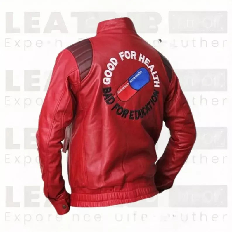 Men’s Red Leather Biker Jacket – Vintage Motorcycle Style Graphic Back Print – Retro Streetwear Outerwear