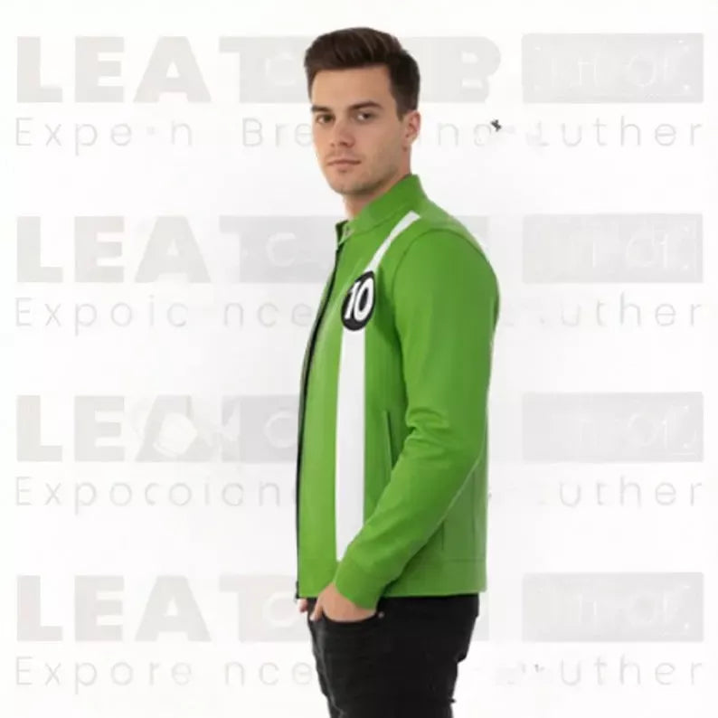 Green Racing Jacket Men White Stripes Number 10 Zip Up