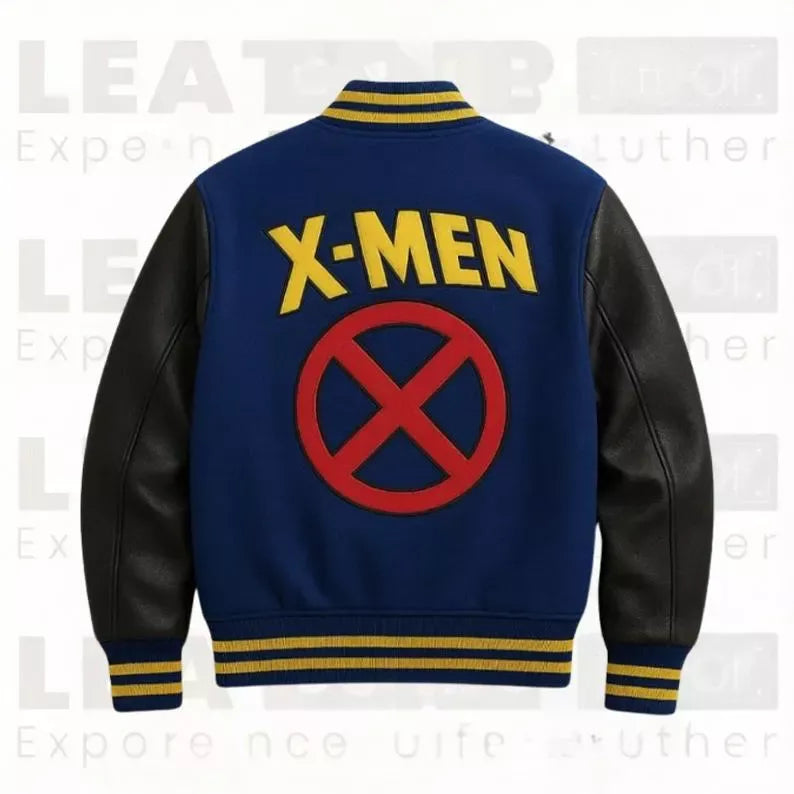 X-Men Superhero Inspired Men’s Varsity Jacket – Blue & Black Letterman Style Bomber Coat