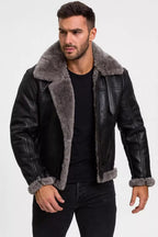 Men’s Real Leather Aviator Jacket - B3 Bomber Shearling Coat - Brown & Black Winter Pilot