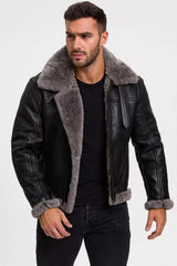 Men’s Real Leather Aviator Jacket - B3 Bomber Shearling Coat - Brown & Black Winter Pilot