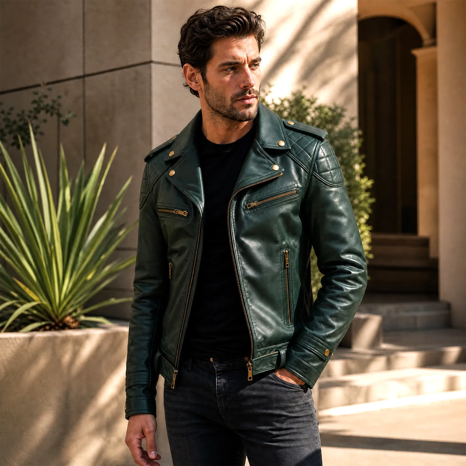 Men’s Vintage Green Leather Motorcycle Jacket | Belted Rider Style