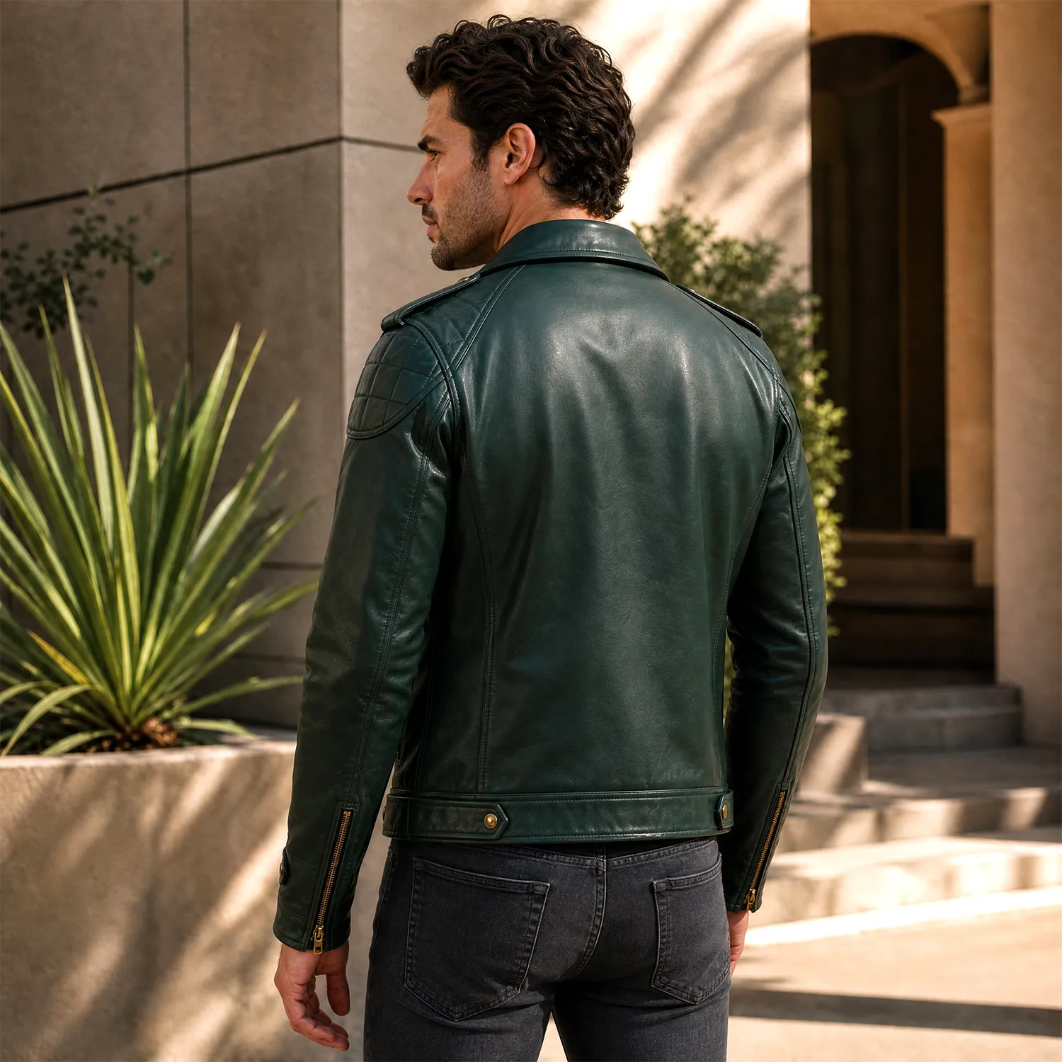 Men’s Vintage Green Leather Motorcycle Jacket | Belted Rider Style