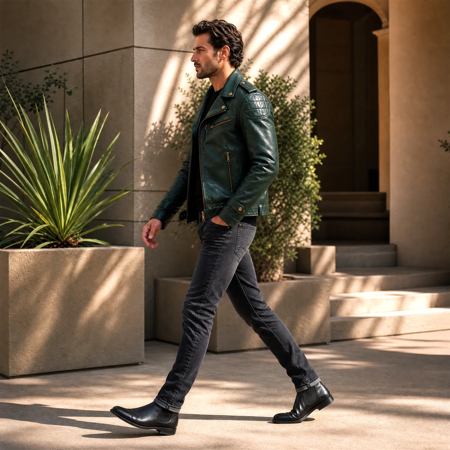 Men’s Vintage Green Leather Motorcycle Jacket | Belted Rider Style