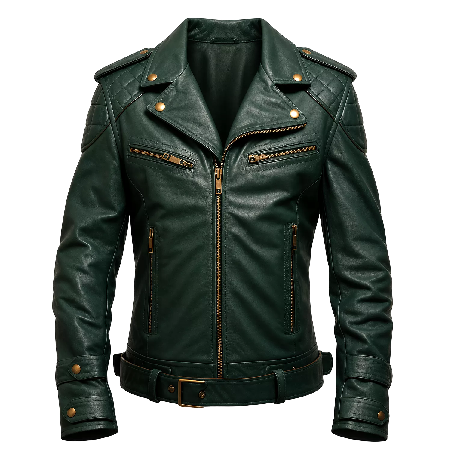 Men’s Vintage Green Leather Motorcycle Jacket | Belted Rider Style