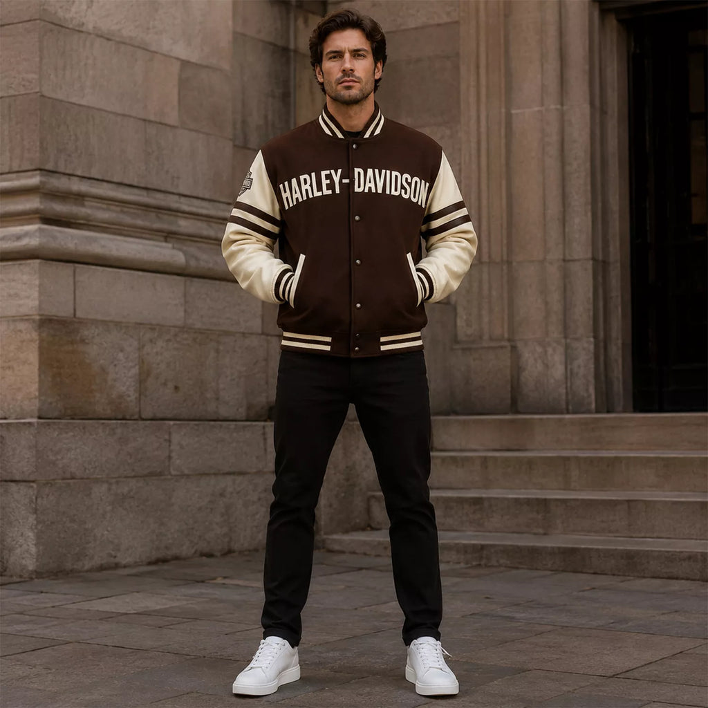 Men’s Brown Cream Motorcycle Varsity Jacket  Wool & Leather Sleeve Letterman Jacket
