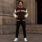 Men’s Brown Cream Motorcycle Varsity Jacket  Wool & Leather Sleeve Letterman Jacket