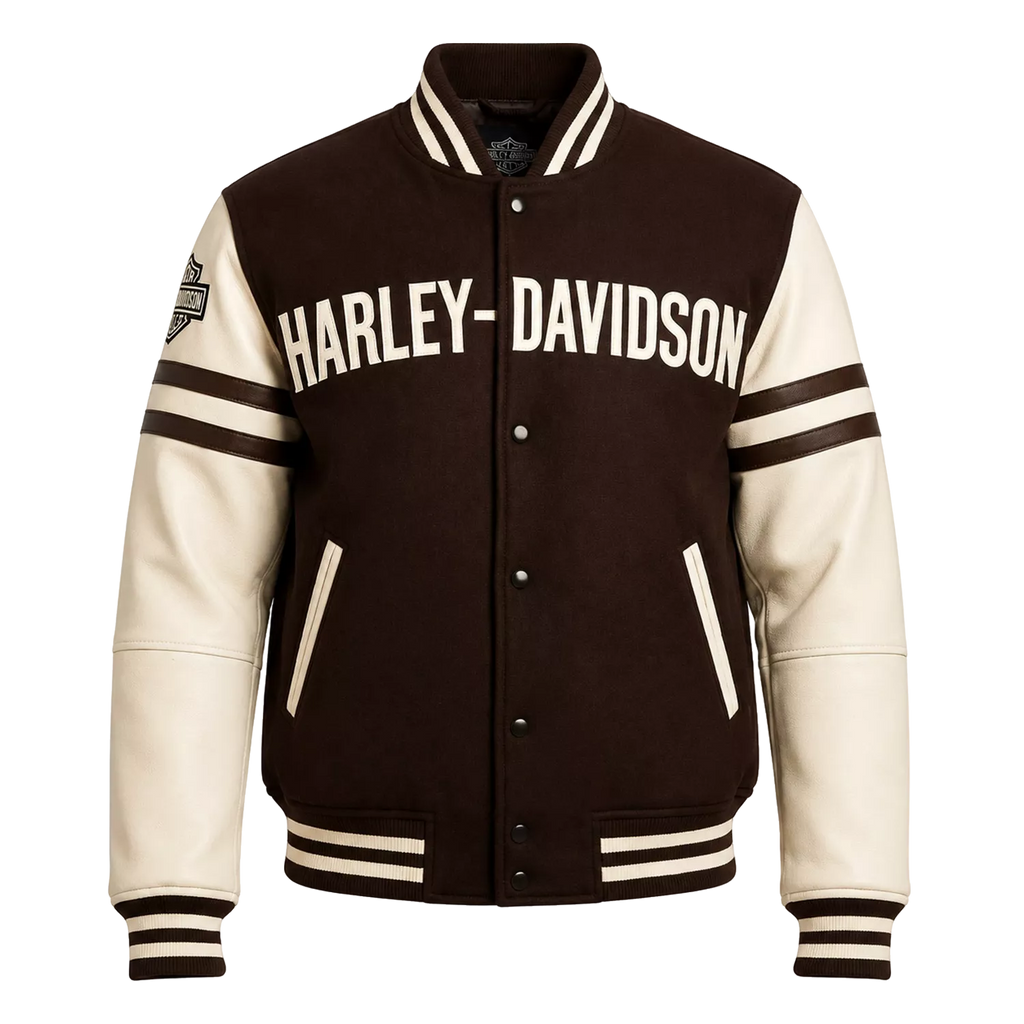 Men’s Brown Cream Motorcycle Varsity Jacket  Wool & Leather Sleeve Letterman Jacket
