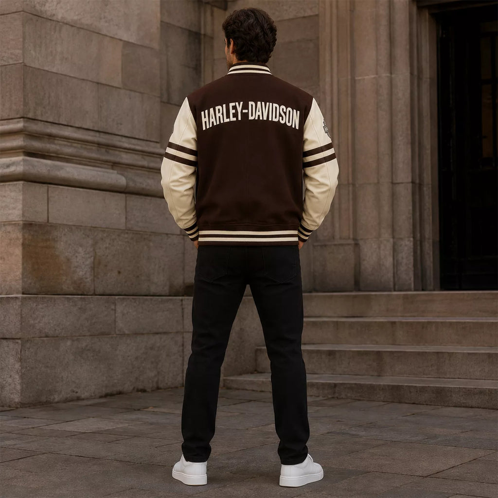 Men’s Brown Cream Motorcycle Varsity Jacket  Wool & Leather Sleeve Letterman Jacket