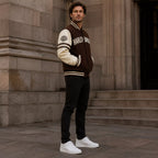 Men’s Brown Cream Motorcycle Varsity Jacket  Wool & Leather Sleeve Letterman Jacket