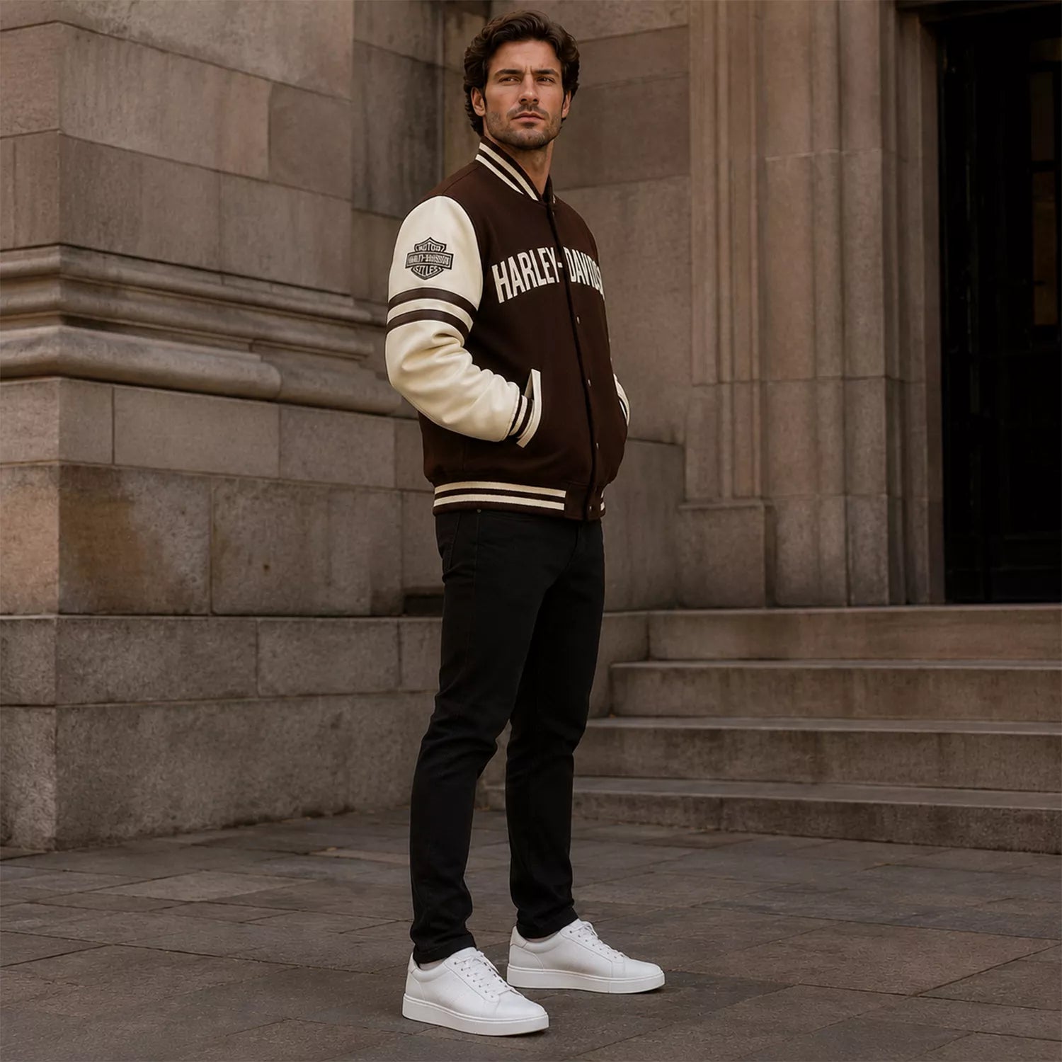 Men’s Brown Cream Motorcycle Varsity Jacket  Wool & Leather Sleeve Letterman Jacket