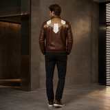 Men’s Brown Geometric Leather Bomber Jacket | Cream Tan Zip Jacket