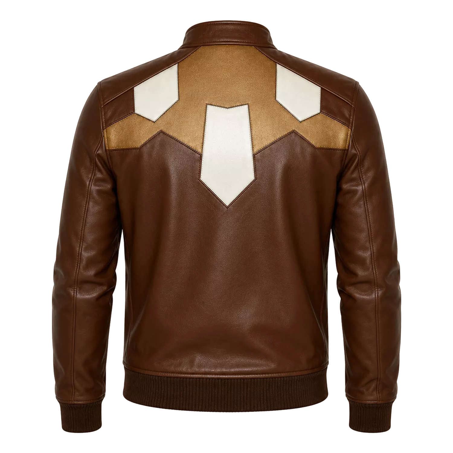 Men’s Brown Geometric Leather Bomber Jacket | Cream Tan Zip Jacket