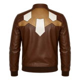 Men’s Brown Geometric Leather Bomber Jacket | Cream Tan Zip Jacket