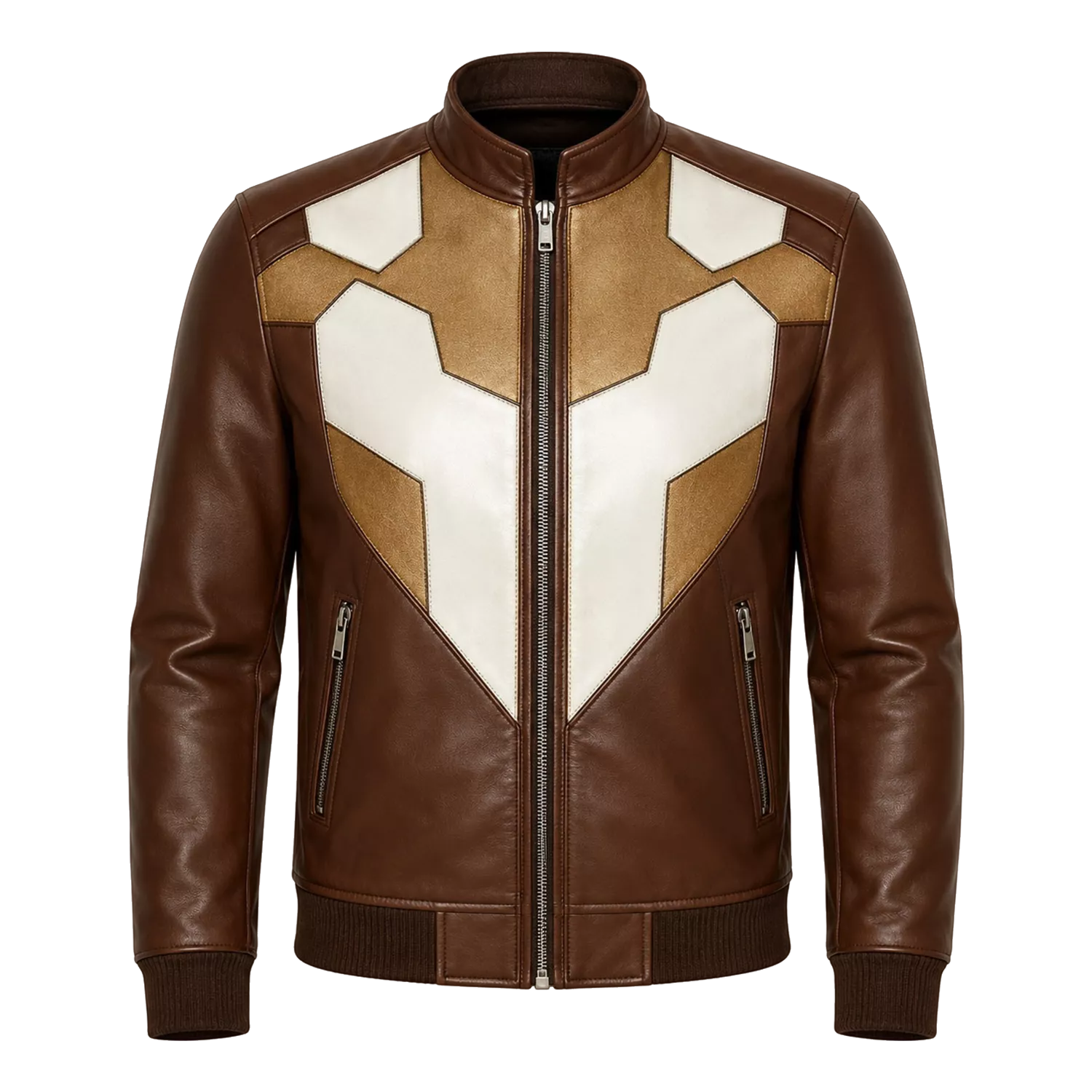 Men’s Brown Geometric Leather Bomber Jacket | Cream Tan Zip Jacket