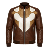 Men’s Brown Geometric Leather Bomber Jacket | Cream Tan Zip Jacket