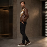 Men’s Brown Geometric Leather Bomber Jacket | Cream Tan Zip Jacket