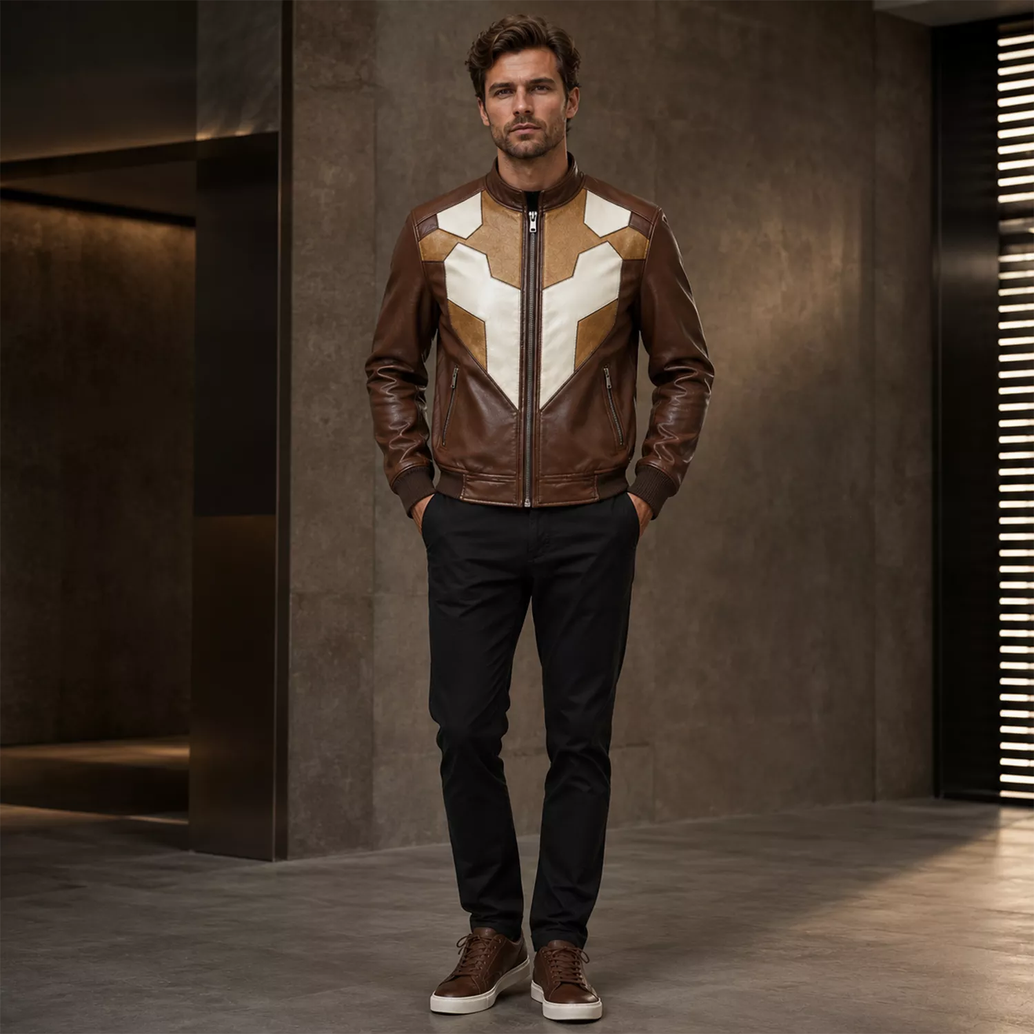 Men’s Brown Geometric Leather Bomber Jacket | Cream Tan Zip Jacket