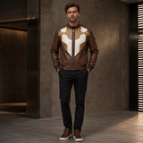 Men’s Brown Geometric Leather Bomber Jacket | Cream Tan Zip Jacket