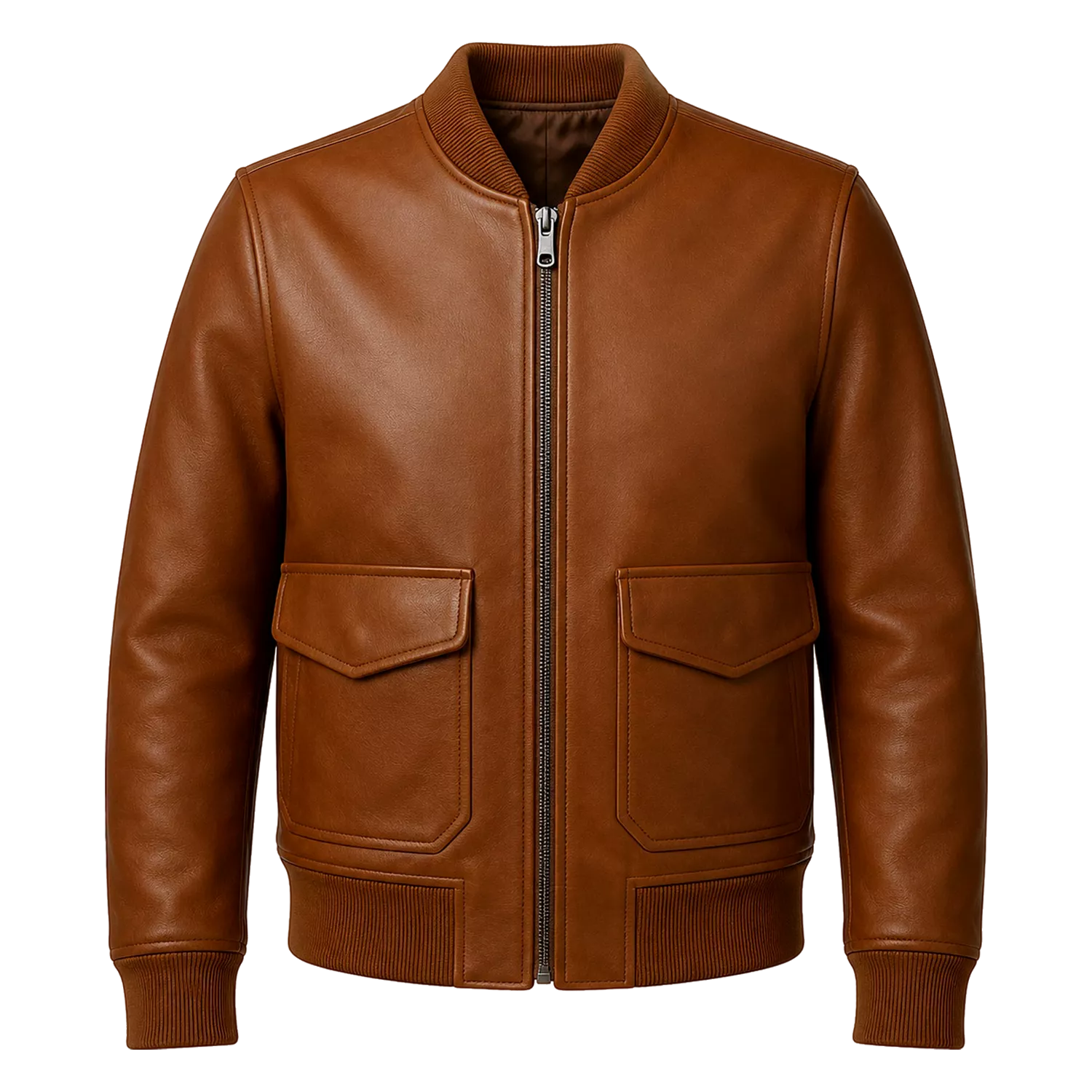 Men’s Cognac Brown Leather Bomber Jacket | Ribbed Collar Zip Flight Jacket